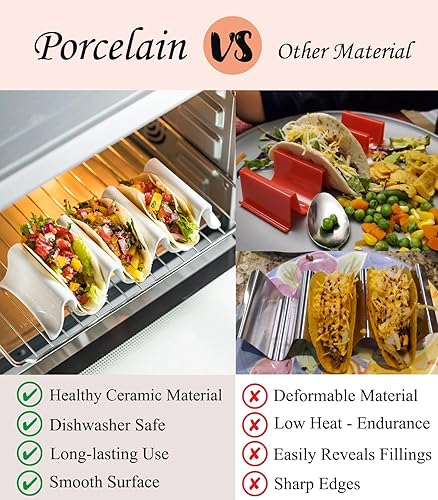 Miniatura 3 de Juego de 2 soportes para tacos, bandeja grande de porcelana para tacos con asas, platos reutilizables y apilables, perfectos para burritos y