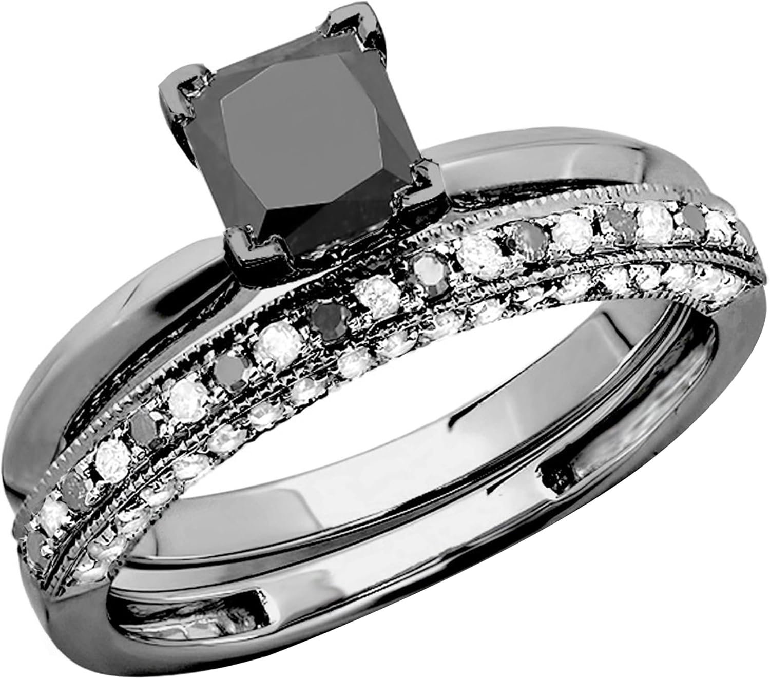 Dazzlingrock Collection 1.50 Carat Princess Black & Round White Diamond Wedding Ring Set for Women in Black Plated 10K Solid White Gold