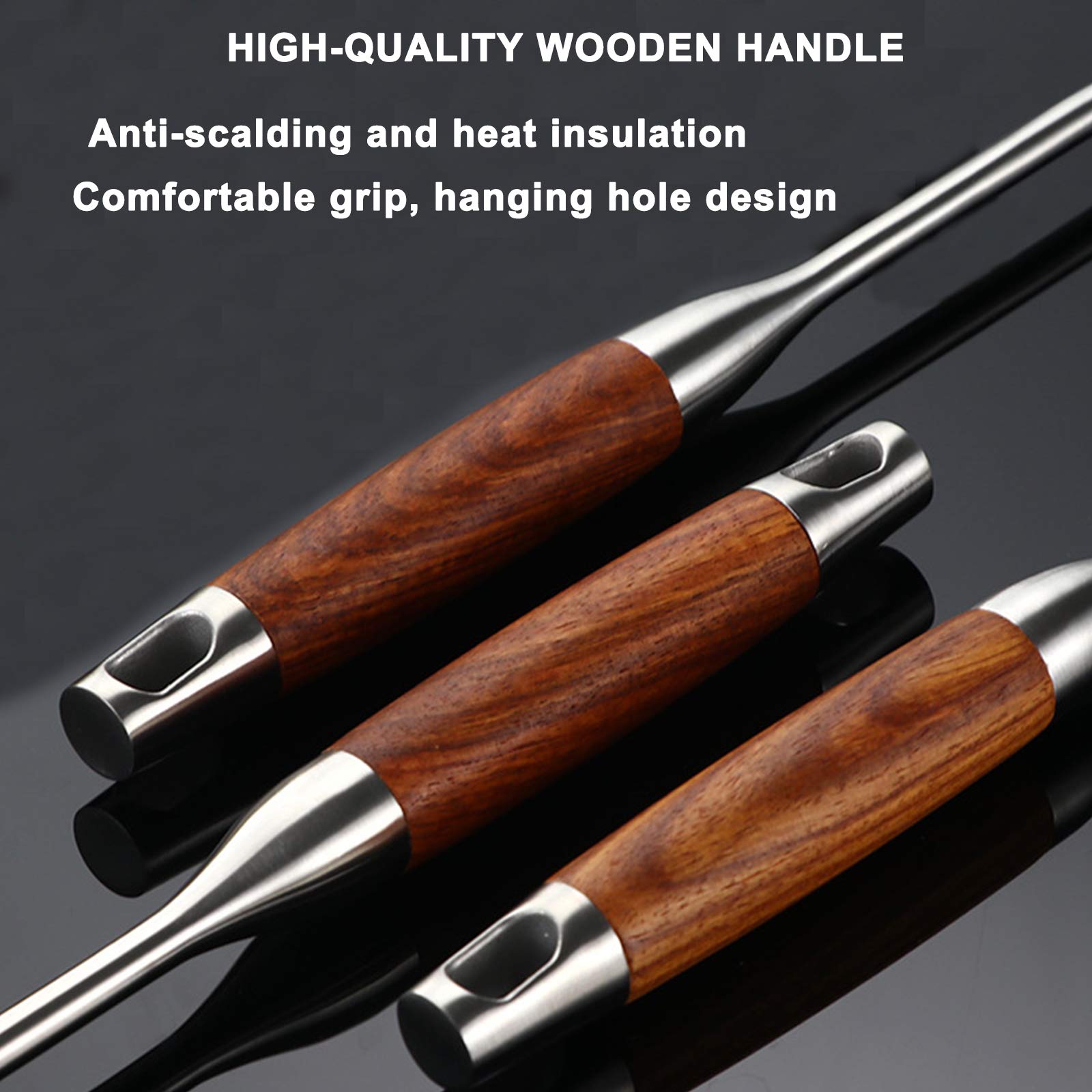 6Pcs 304 Edelstahl Küchenhelfer Set mit StäNder, Skimmer Schlitzlöffel, Servierlöffel, Schlitz Turner, Turner, Spaghetti Server, Suppenkelle, Hitzebeständiger Holzgriff