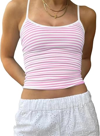 Women Y2k Striped Tank Tops Cute Spaghetti Strap Cami Top Aesthetic Going Out Top