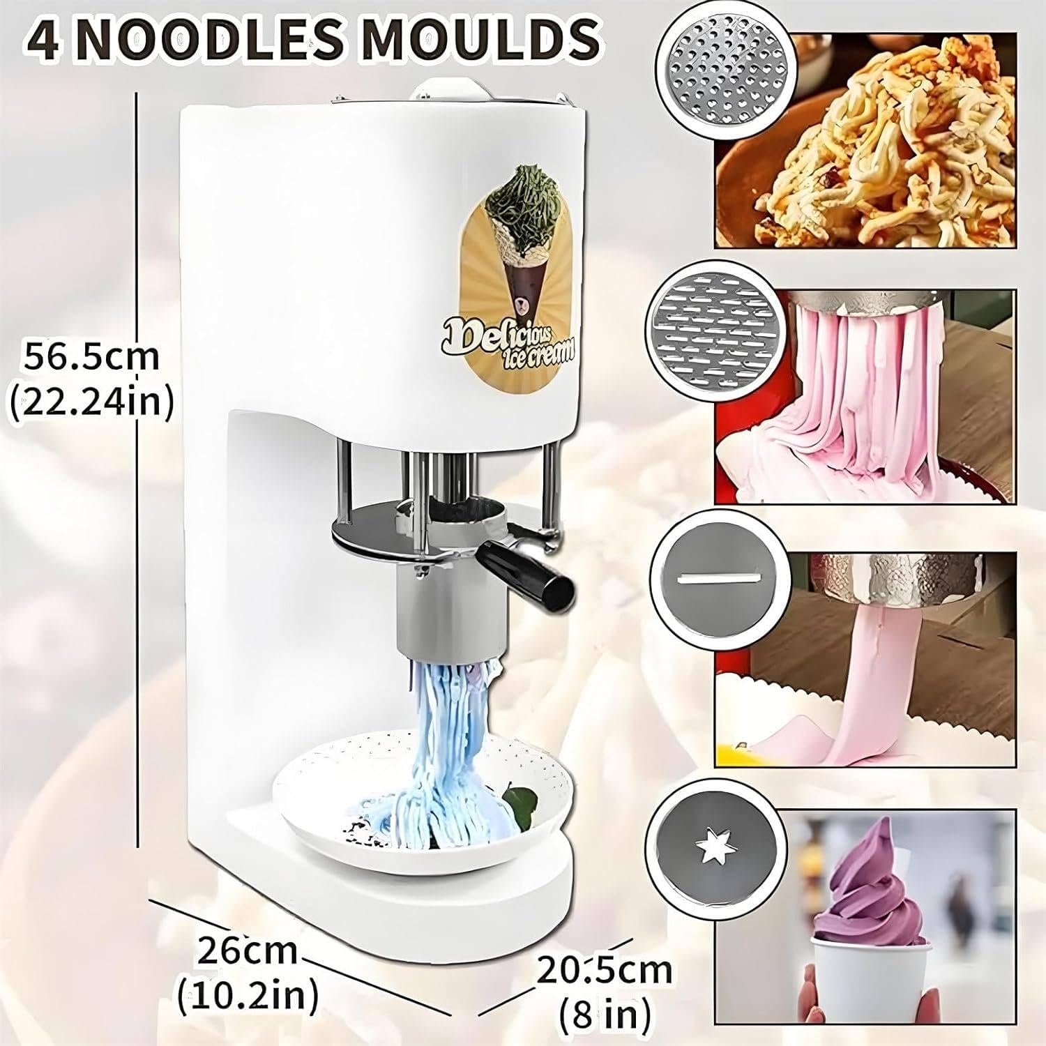 Kommerzielle Spaghetti-EIS Presse, Eiscreme Maschine Klein Mit 4 Aufsätzen, 30l/H Ausstoß, Softeismaschine Für Zuhause Gastronomie, Ice Cream Maker Für Dessert Buffet Catering Events White