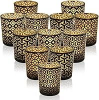 SHMILMH Black Gold Glass Votive Candle Holders Set of 12 - 4 Patterns Tealight Holders for Ramadan Eid Decor, Weddings, Home Centerpieces