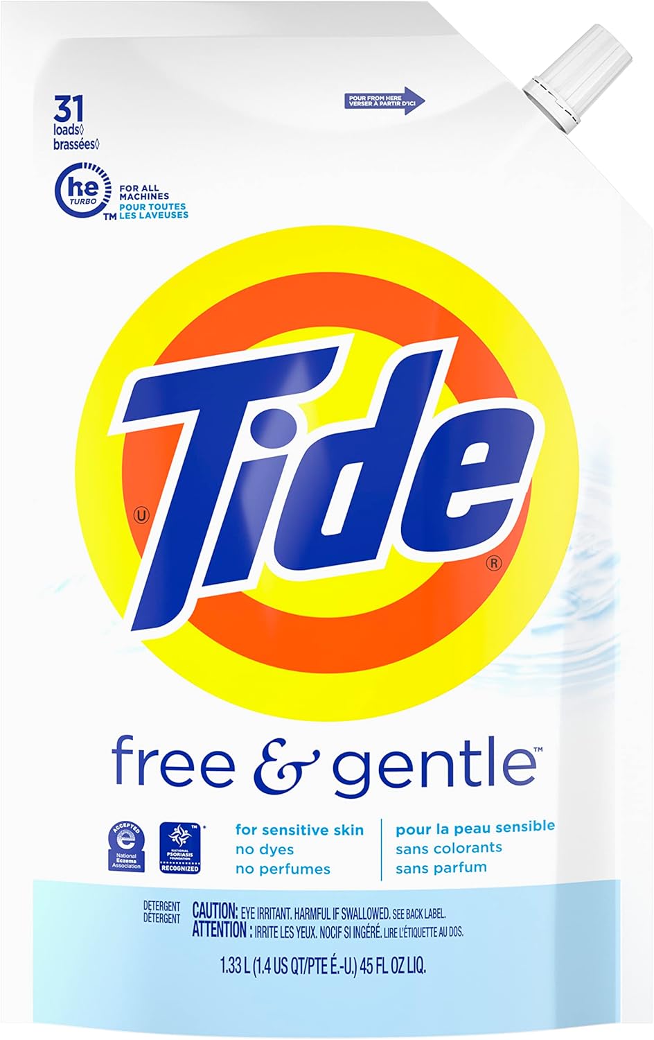 Tide Free & Gentle Laundry Detergent Liquid Soap, 93 Loads (New Concentrated), 45 Fl Oz (Pack of 3) Refill Pouches