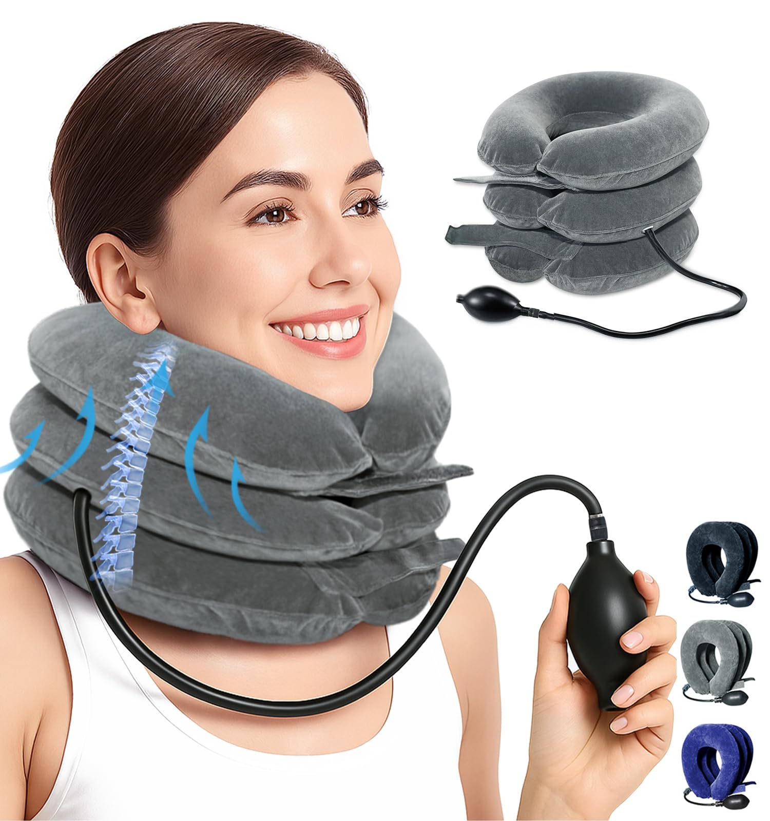 Coussin Cervical Gonflable - Extenseur de Cou réglable pour soulager la Douleur - Coussin de Nuque Ergonomique Portable avec Pompe à air - pour la Maison et Les Voyages - Gris