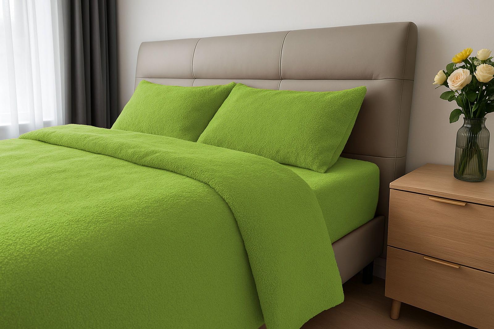 John Aird Teddy Fleece Duvet Cover Quilt Bedding Set With Pillow Cases (Lime, King)