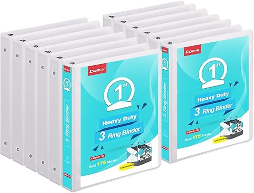 Comix 1 Inch 3 Ring Binder, Heavy Duty Round Ring Binder, Hold 200 Sheets of 8.5" x 11" Paper, PVC-Free, Clear View Cover & Spine Label, 2 Interior Pockets, School & Home Supplies, 12 Pack (White)