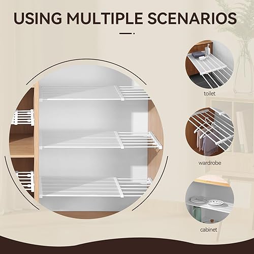 Vista 6 de Estante de tensión expandible, organizador de estante ajustable, estante organizador de armario, sin clavos, estante de almacenamiento para armario