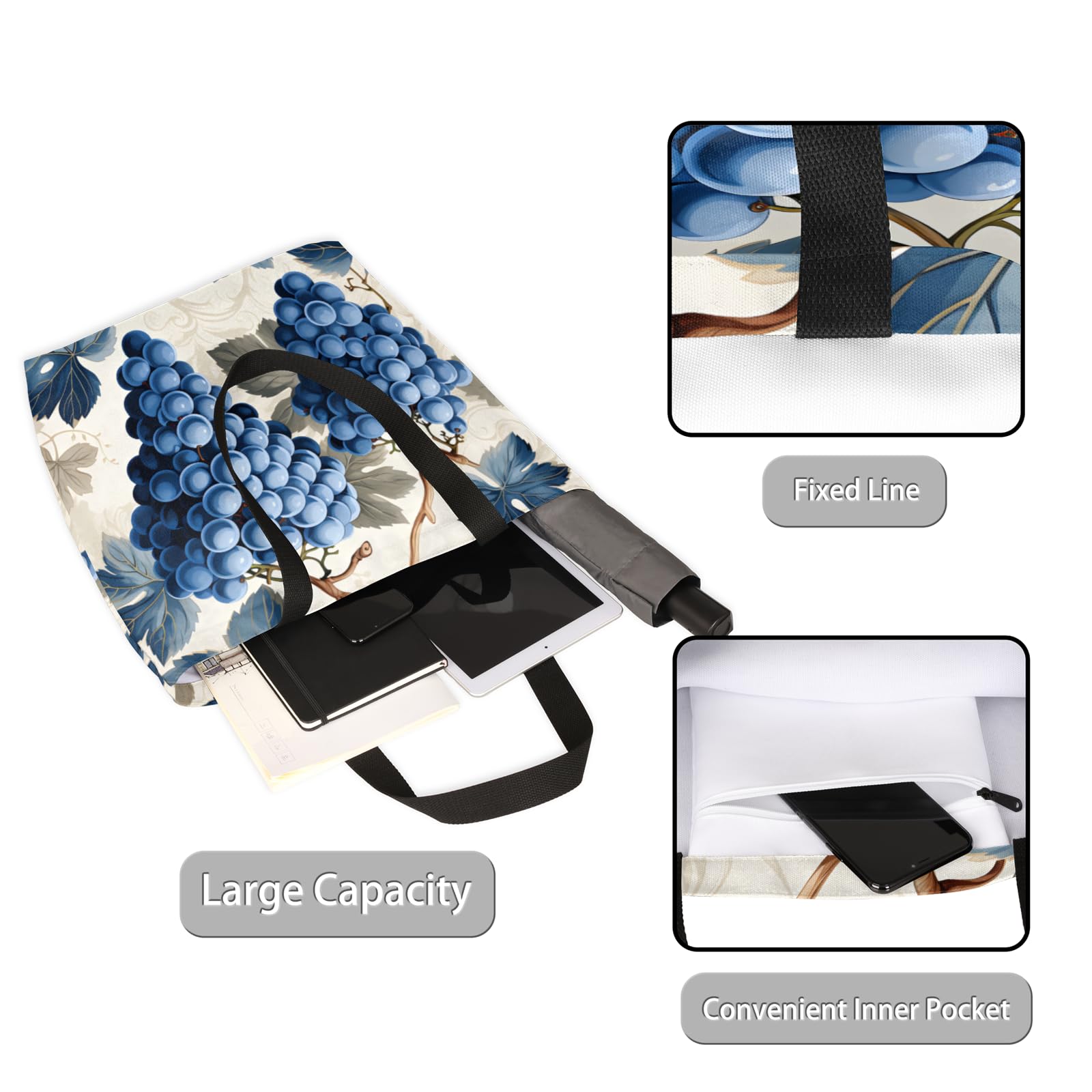 Mularoka Watercolour Beautiful Grapes Large Capacity Canvas Tote Bag Stylish Handheld Shoulder Bag Reusable Shopping Bag for Work Travel Beach Trips Shopping