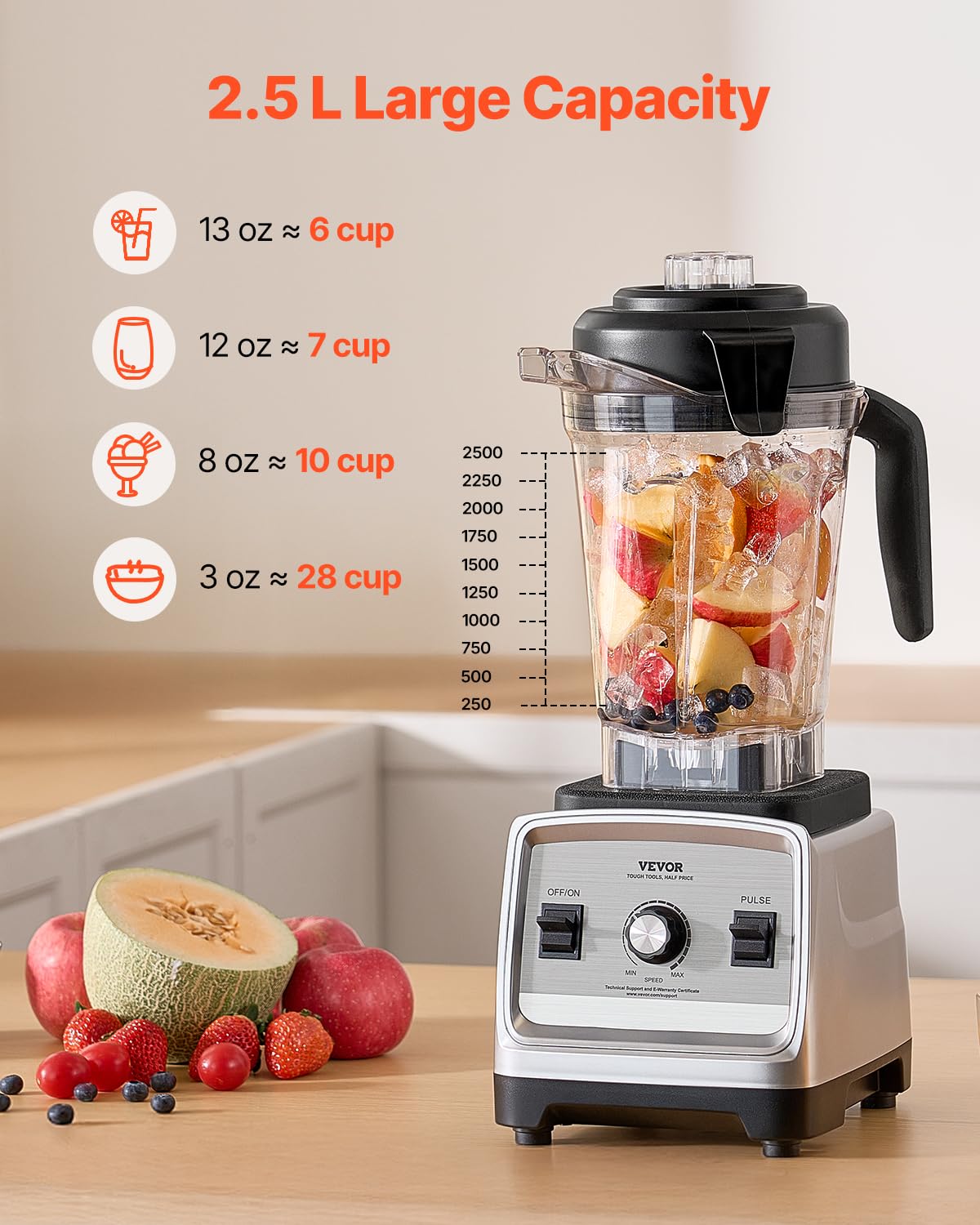 VEVOR Blender do napojów mrożonych 85 uncji 1600 W, blender elektryczny z mocnym silnikiem, wielofunkcyjny mikser do przetwarzania żywności do smoothie do soków do kuchni baru restauracji