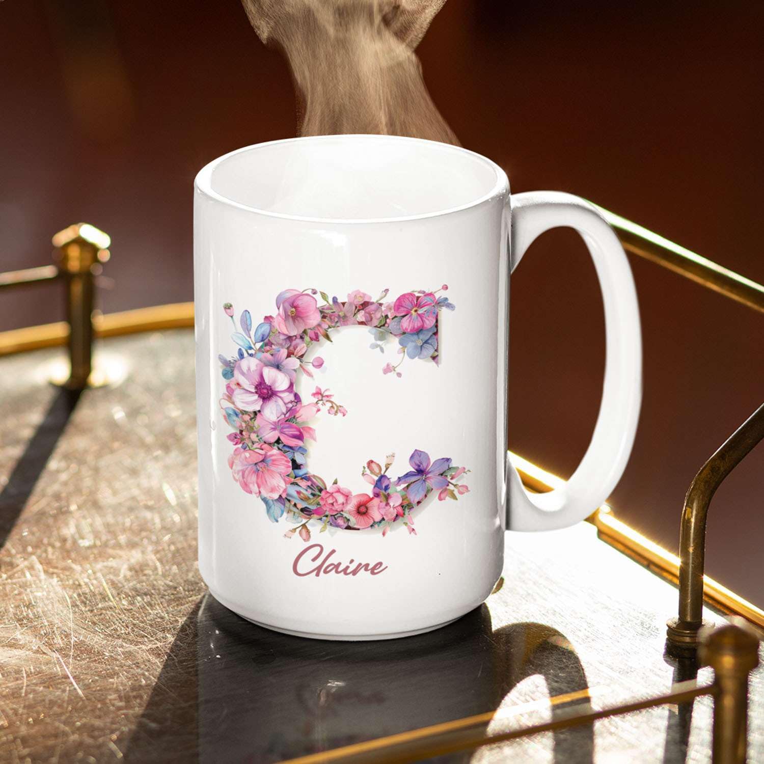 Personalised Letter C Floral Mug - Custom Name Gold Print Ceramic Coffee Cup, 11oz Black - View #7