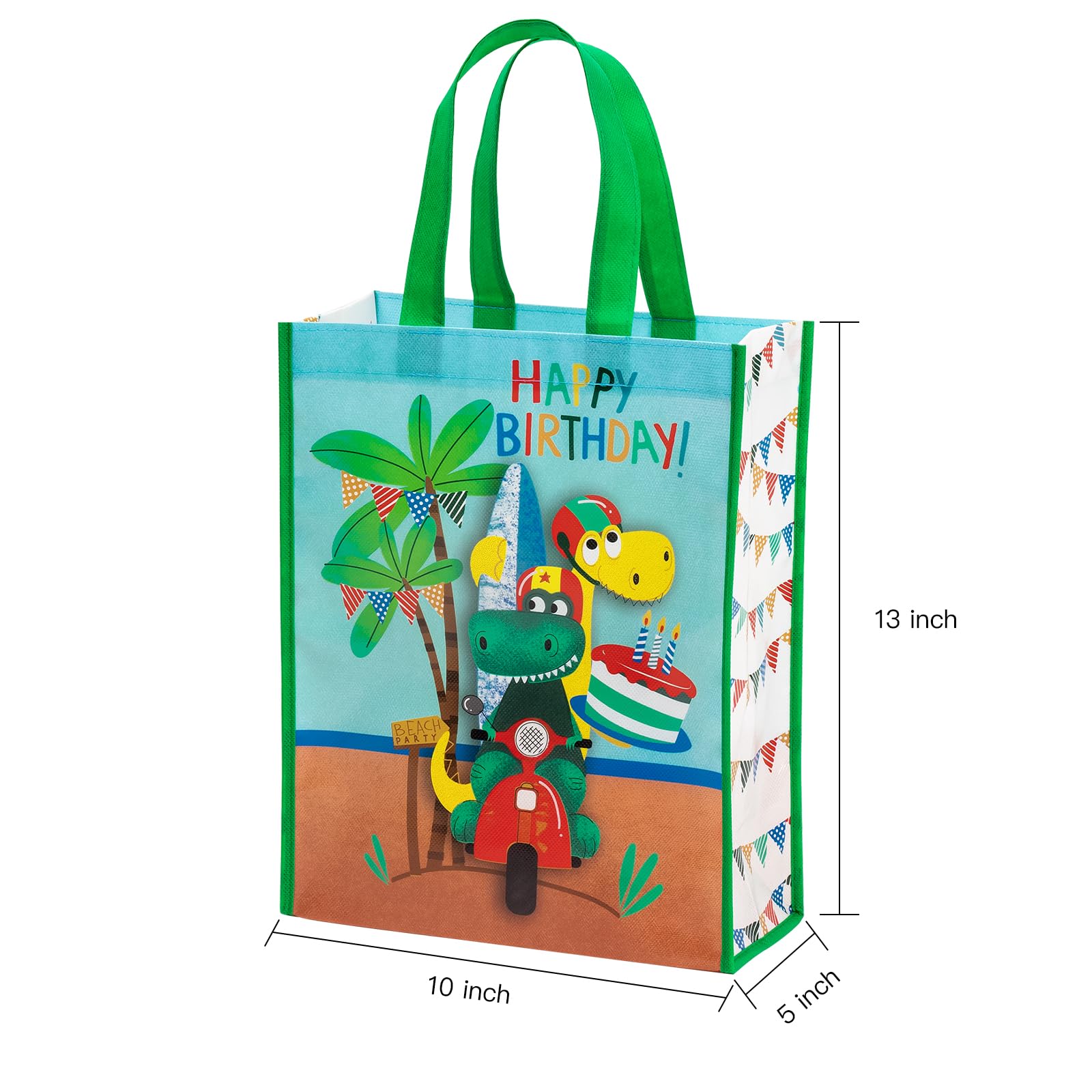 WRAPAHOLIC Large Reusable Dinosaur Birthday Gift Bag with Handles - 10 x 5 x 13 inch - Dinosaur Happy Birthday