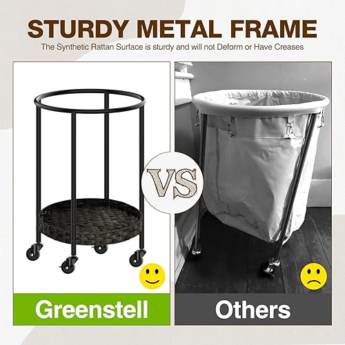Miniatura 6 de Greenstell Cesta de lavandería con tapa, cesta grande de 33.5 galones con ruedas, carrito de lavandería redondo con marco de acero y bolsa