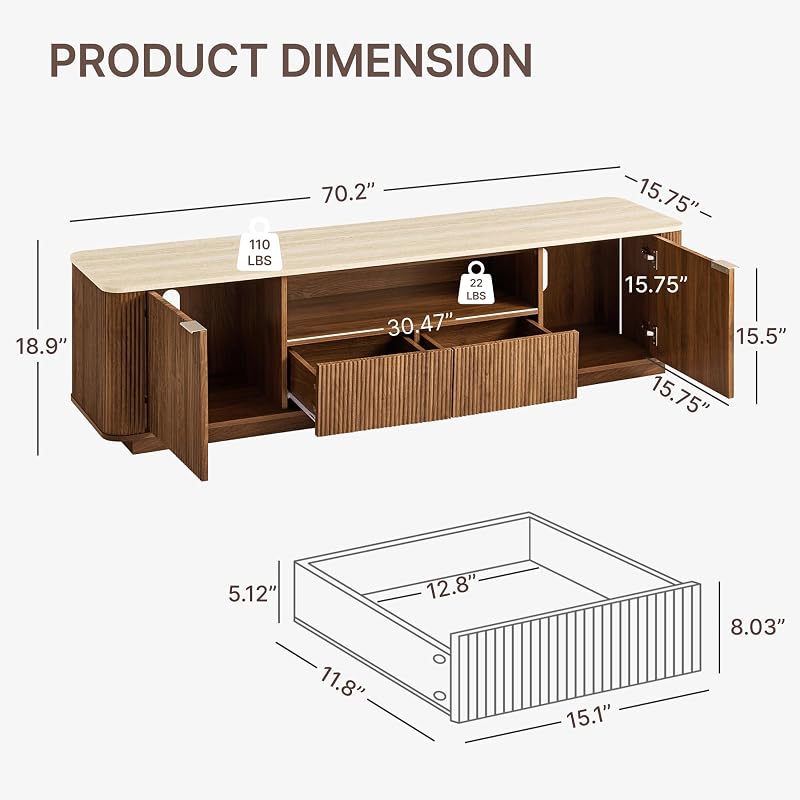 KISLOT 70" Mid-Century Modern Fluted TV Stand, 2 Drawer, Cabinet, Walnut image 7