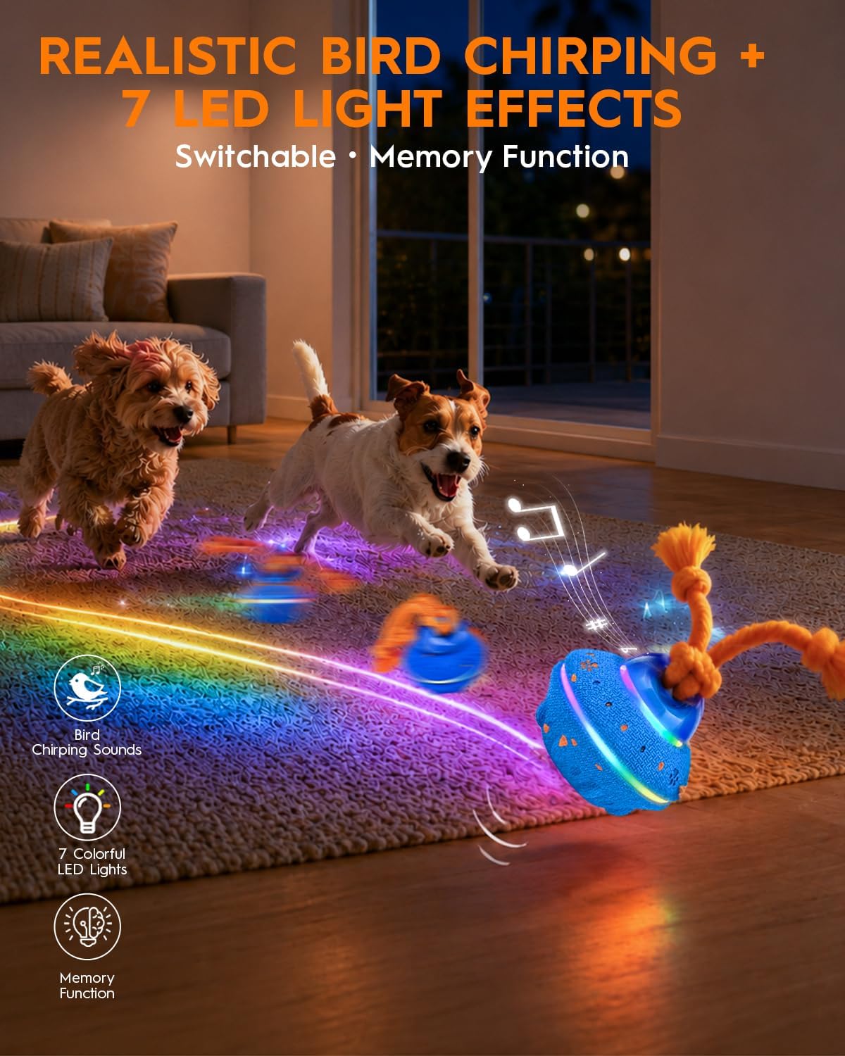 Xeuch Interactive Dog Ball Toy, ETPU Rotating Motion, Rechargeable | 3 Play Modes, Bird Chirping Sounds, 7 LED Lights, ETPU Shell, Rope Design, Rechargeable Battery, for Small and Medium Dogs