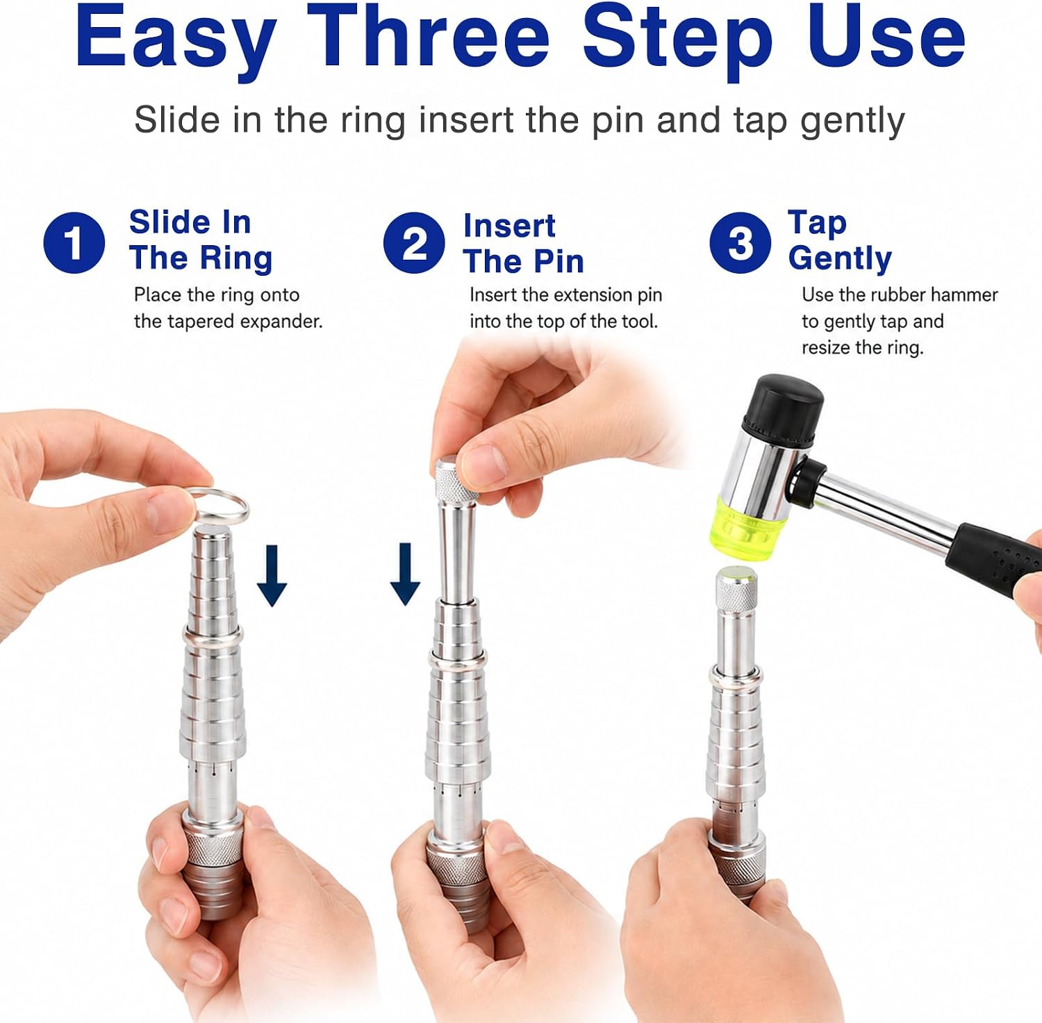 Ring Stretcher Tool Kit with Jewelers Rubber Hammer Mallet, Expanding Stainless Steel Ring Mandrel for Sizes 6-14.5, Ring Expander and Resizing Tool for for Silver & Gold