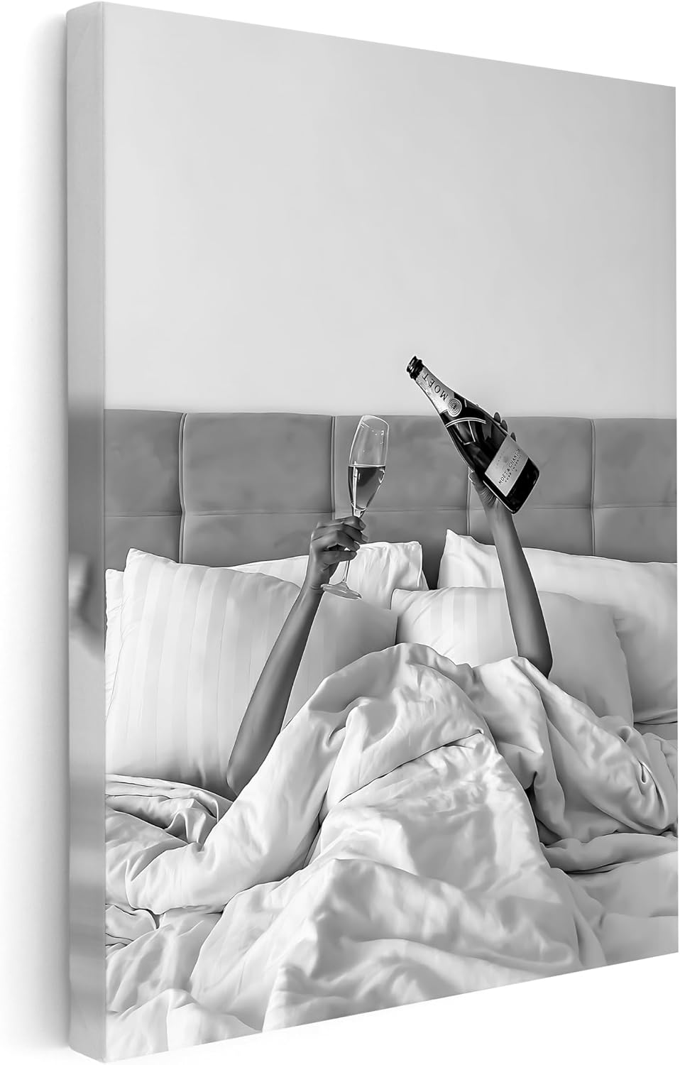 Poster Master Woman Drinking Wine In Bed Canvas - Champagne Print - Fashion Art - Black & White Photography Wall Design - Chic Girl's Bedroom or Bar Wall Decor - 8x10 STRETCHED Canvas