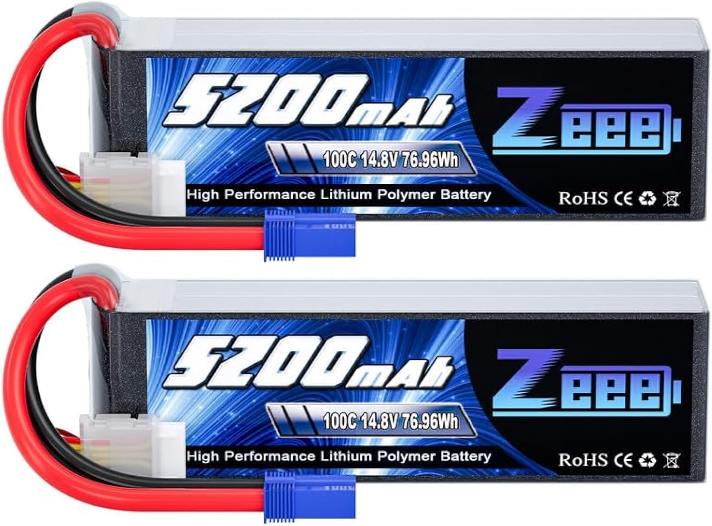 Zeee 4S Lipo Battery 14.8V 5200mAh 100C with EC5 Plug Soft Case for RC Plane Quadcopter Airplane Helicopter RC Car Truck RC Boat (2 Pack)