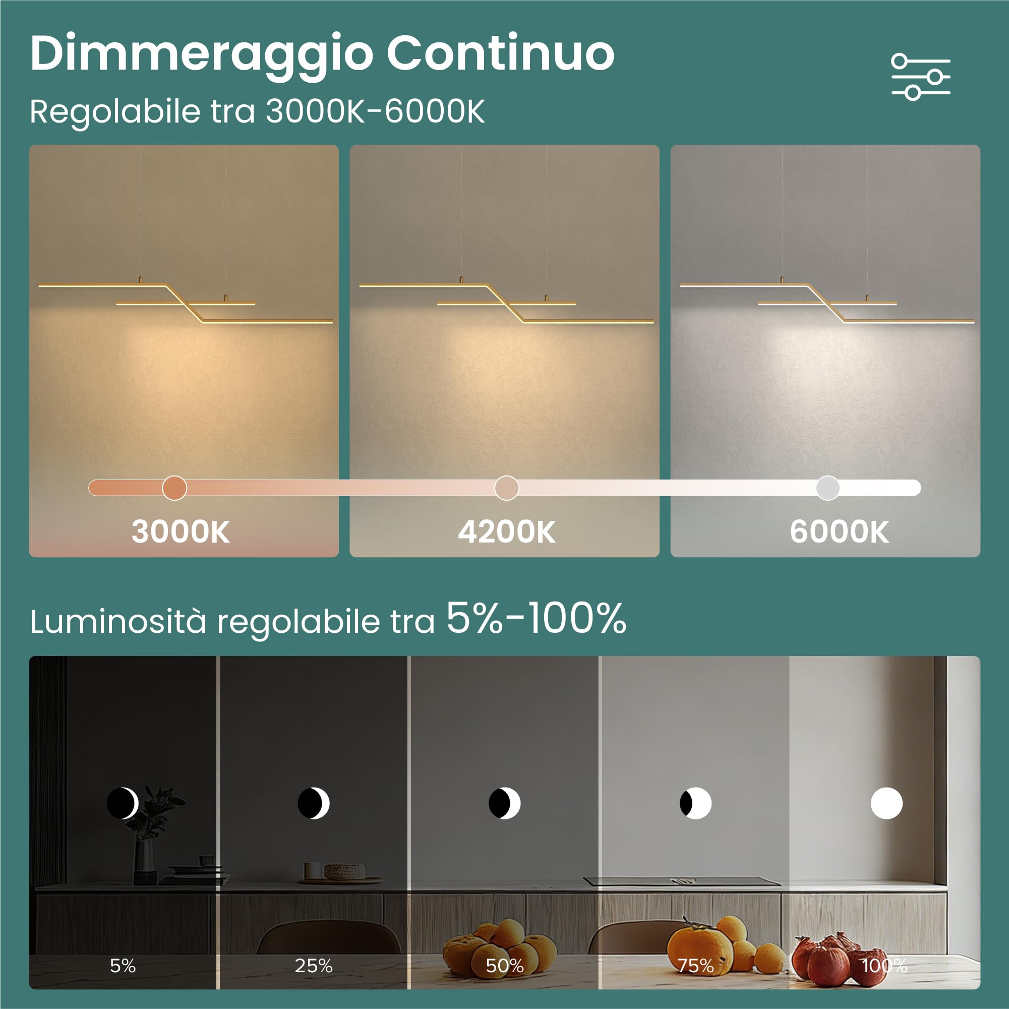 Mai & Mai Lampadario Sospensione 24W, 105 CM, Lunghezza Filo 150 CM, Oro | Metallo Base, Altezza regolabile, Lampada da Soffitto a Sospensione per Camera da Letto, Cucina e Soggiorno, Oro, Luvina10