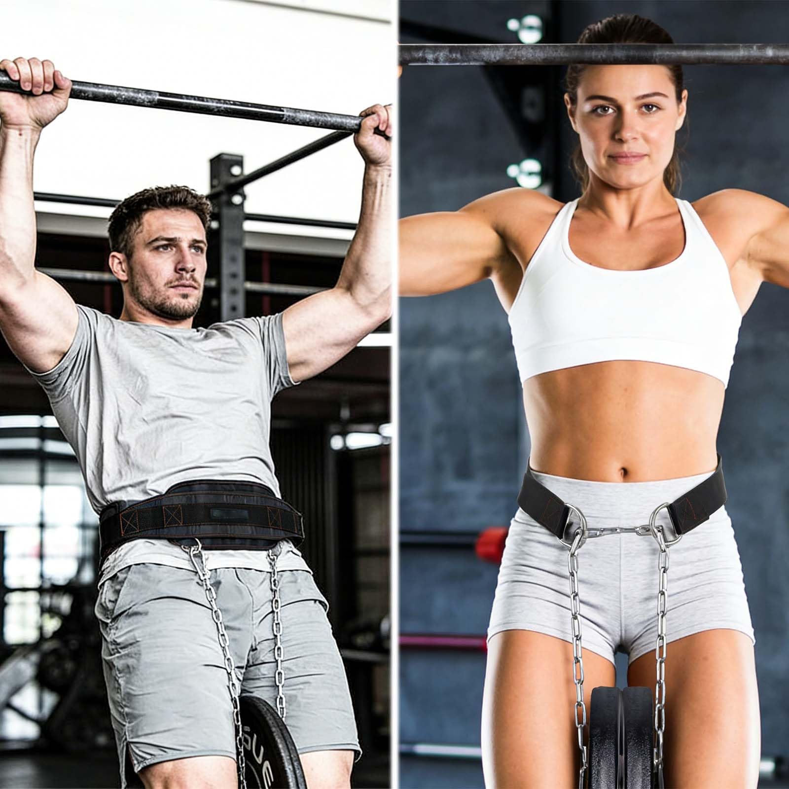 PULLUP & DIP Riem met ketting en 3 karabijnhaken, dipriem incl. neopreen kleppen als kledingbescherming, gewichtsriem, gewogen riem, optrekriem voor calisthenics, krachtsport, bodybuilding