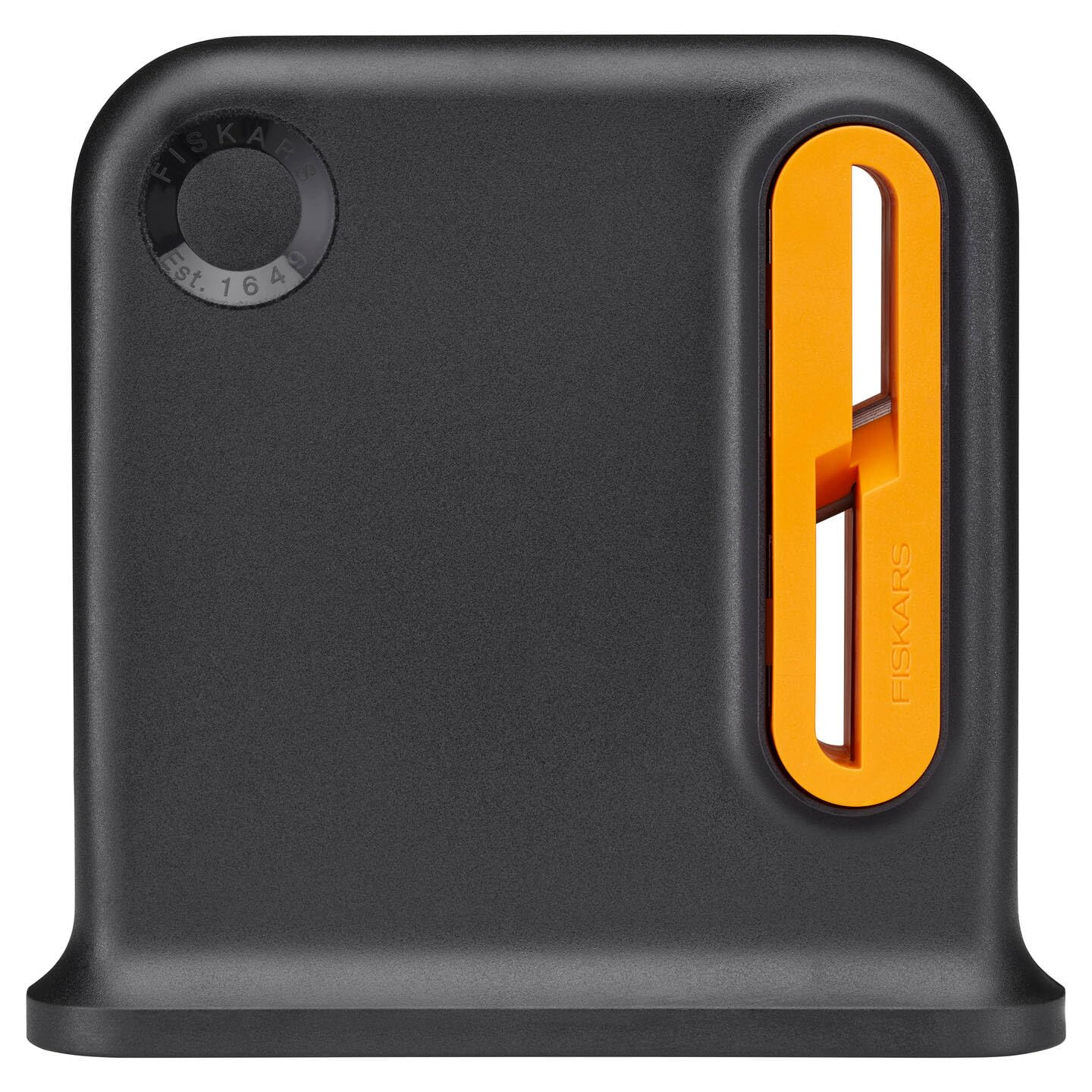 Fiskars Aiguiseur de Ciseaux, Idéal pour les Ciseaux Polyvalents Destinés aux Droitiers, Conception Ergonomique, Au Moins 55% de Matériaux Recyclés, Boîtier en ABS Recyclé à 80%, Noir/Orange, 1081129
