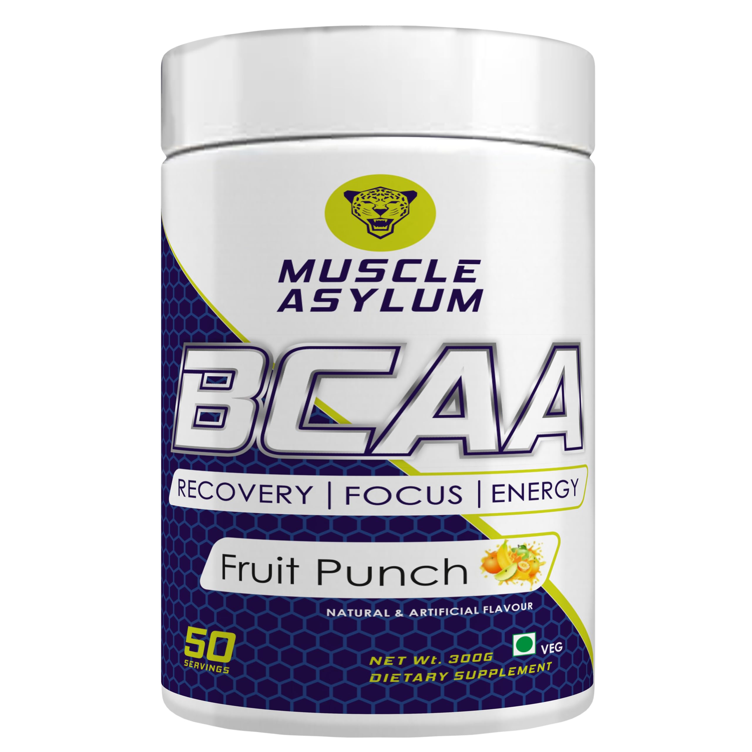 Muscle Asylum Pure Bcaa Powder |300G| Fruit Punch | With Genuine Lab Reports | Bcaas With Nootropics Matrix | Fast Recovery |, 1 count, 50 servings