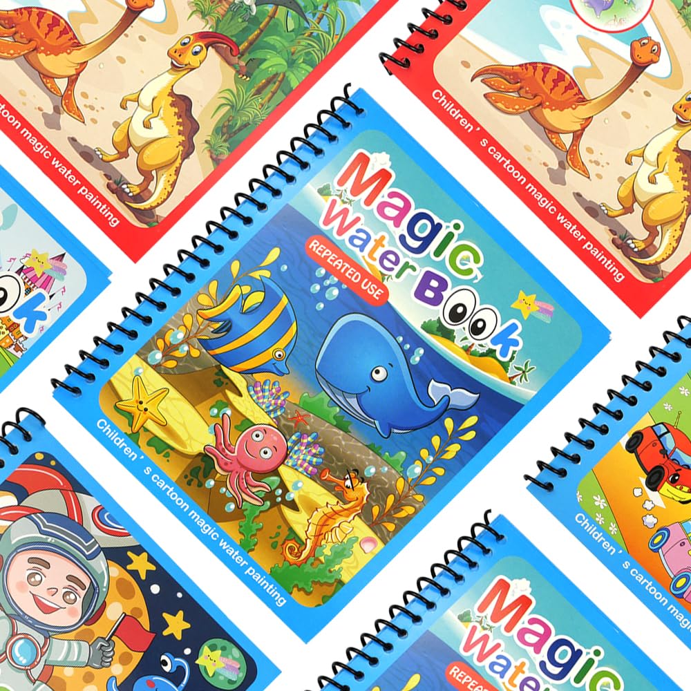4 Stück Wassermalbücher Für Kinder – Wiederverwendbare Magic Water Malbücher Mit Stift, 6 Themen (Tiere, Dinos, Ozean Uvm.), 15x18,5 Cm