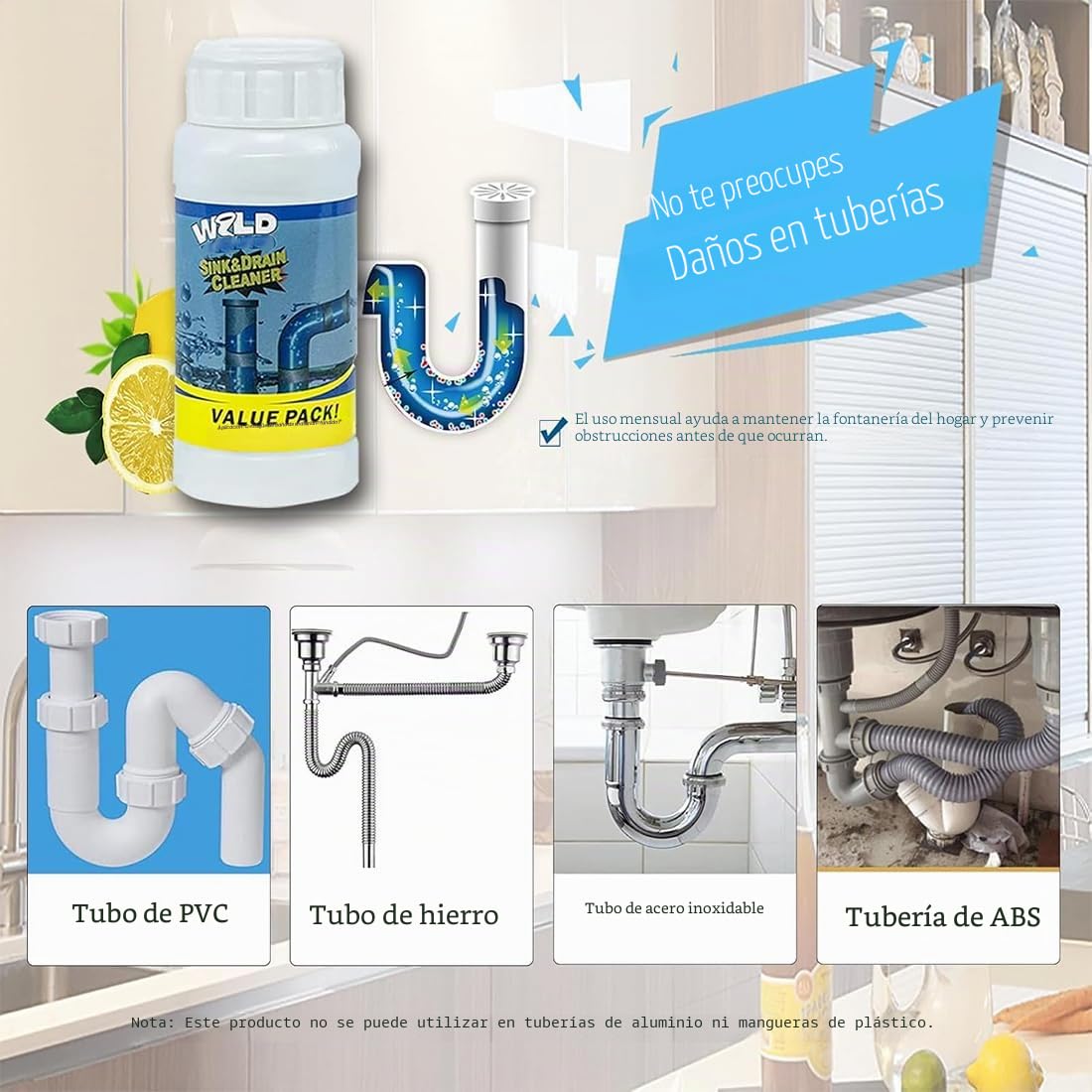 Powerful Sink & Drain Cleaner, Wild Sink & Drain Cleaner, Limpiador de Fregadero y Drenaje, Pipeline Dredging Agent, Limpiador Tuberias, Desatascador Fregadero Wild (3 Botella)