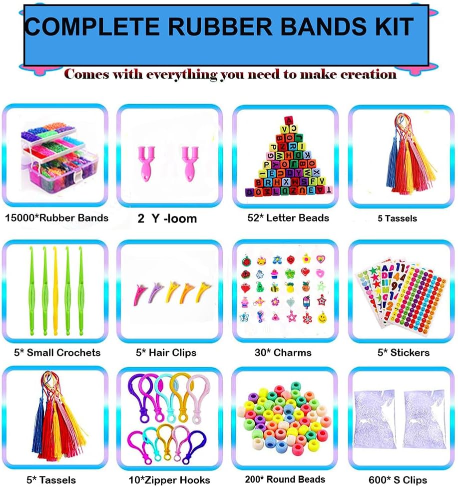 YITOHOP 15000+ Rubber Loom Bands, Mega Rubber Bands Bracelet Kit,Loom Bracelet Making Kit with 3 Layer Container,30 Colors,380 Beads,30 Charms,Clips, Hooks Tools for DIY Art Holiday Gift