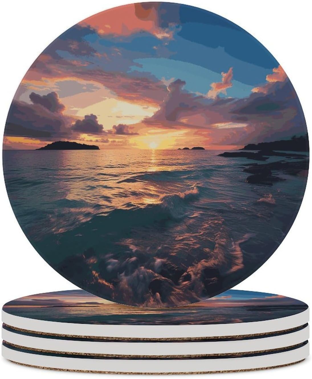 Ocean and Sunset Coasters Round Coasters Set Ceramic Stone Coaster with Cork Base Coffee Cup Beverage Cup Mat Cute Funny Table Drinks Coaster for Mugs and Cups Office Kitchen