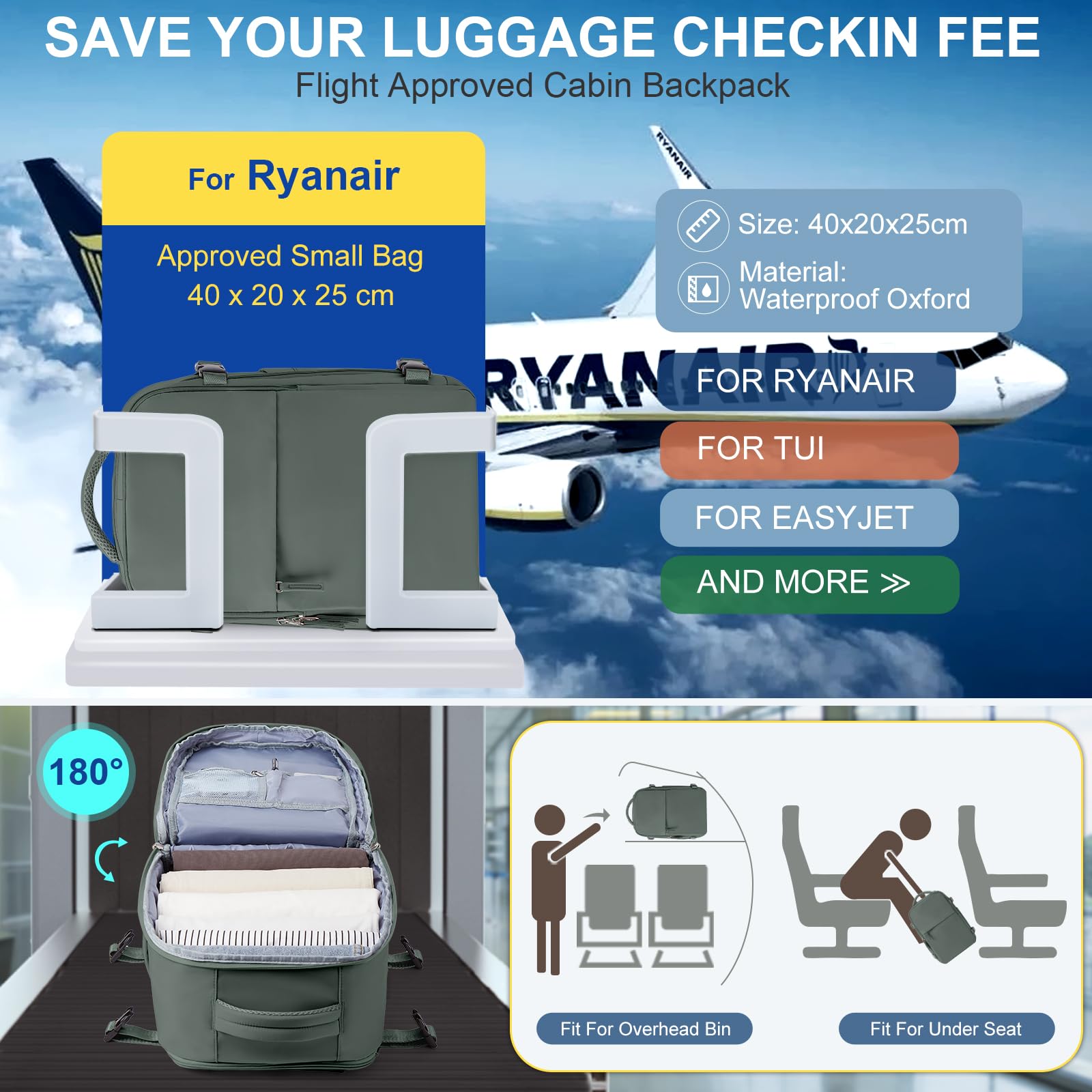 SZLX Zaino Ryanair 40x20x25 Bagaglio a Mano zaino Borse da Cabina per Easyjet 45x36x20 Zaino da Viaggio donna con porta ricarica USB, Borsa da Viaggio aereo Zaino Computer Impermeabile Casual Daypack