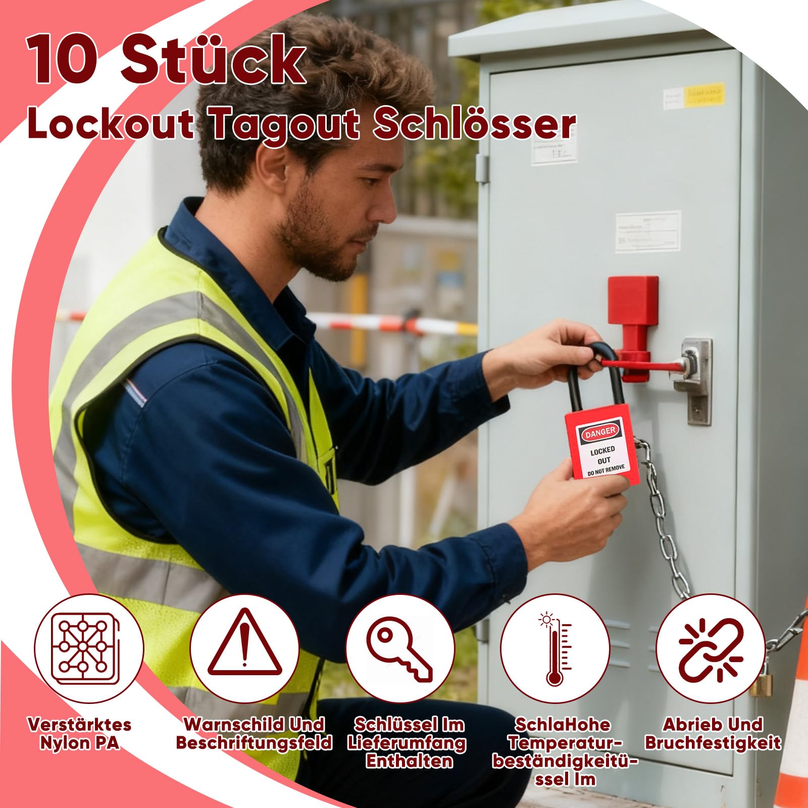 10 lucchetti a catena Lockout Tagout da 38mm, Lucchetto di sicurezza Loto in nylon rosso con 2 chiavi ciascuno, Etichetta scrivibile e stampa di avviso per applicazioni industriali