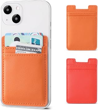Fulgamo 2Pack Phone Wallet,Leather Phone Card Holder Adhesive Stick On Credit Card Pocket for Back of Phone Case iPhone and Android-Orange,Red