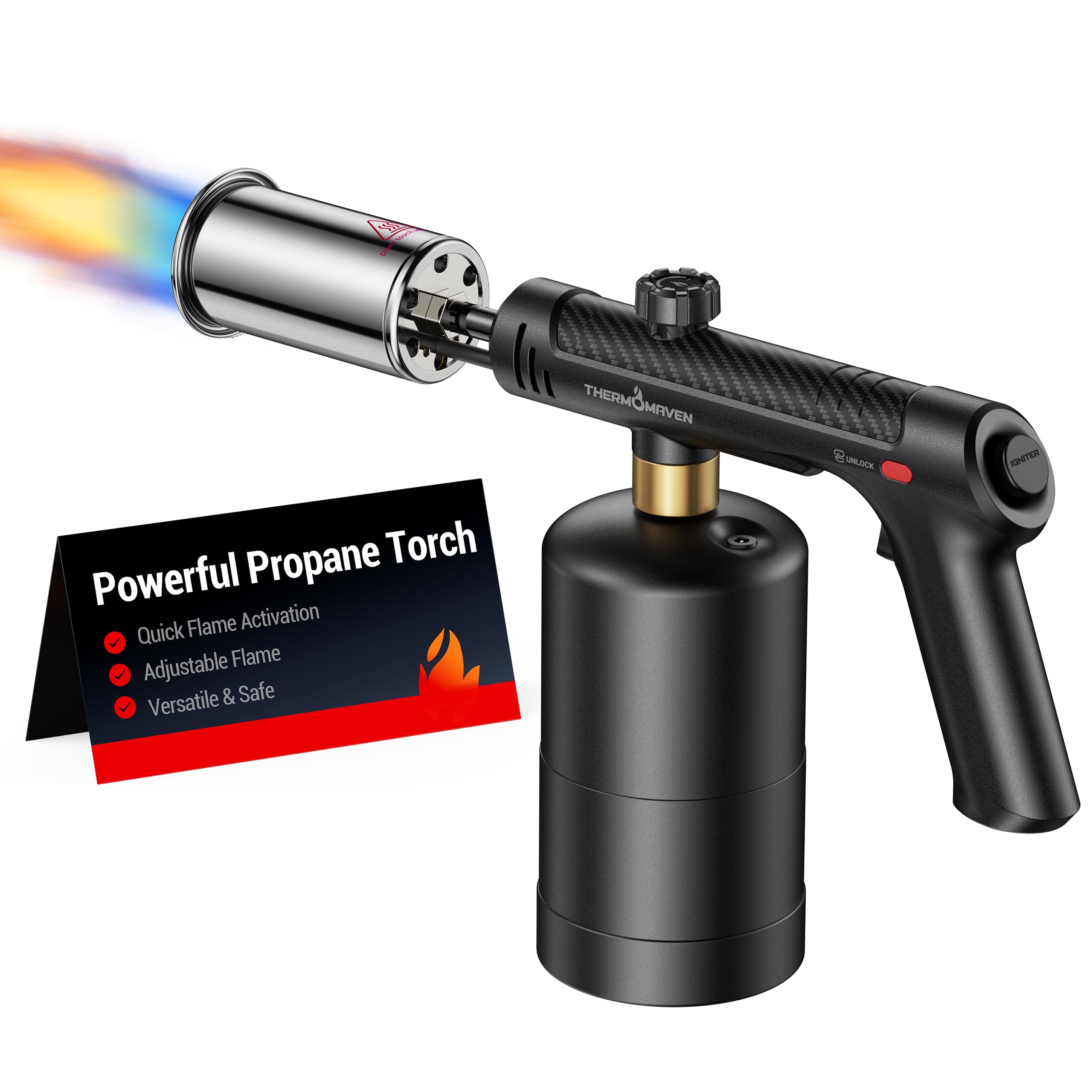 ThermoMaven Propane Torch with One-Touch Max Fire, Blow Torch Gun with Safety Lock, Charcoal Lighter Flame Thrower, Kitchen Food Torch Head for Grill, Sous Vide, BBQ, Stealth Carbon(Tank Not Included)