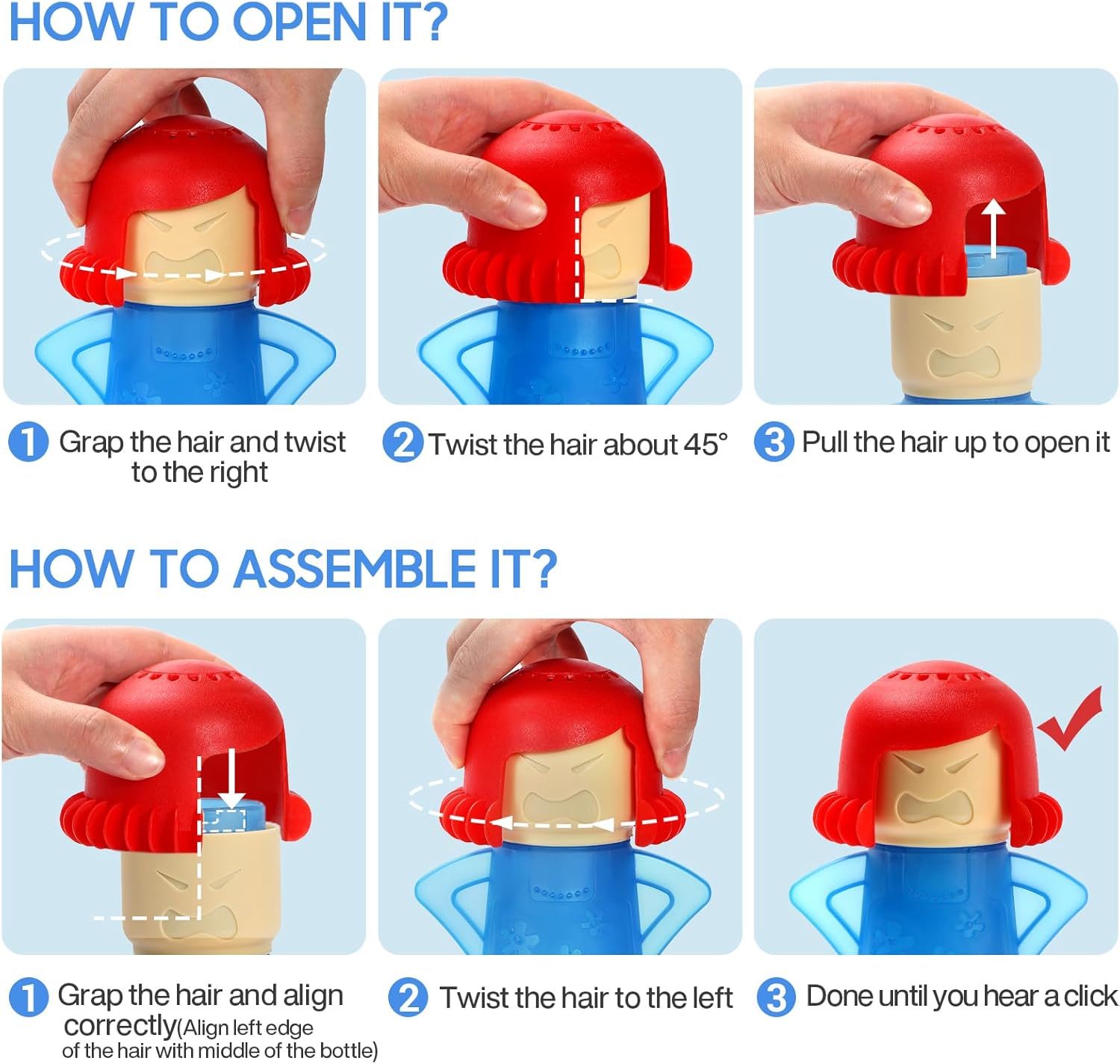 Detailed steps on how to open and assemble the Angry Mama Microwave Cleaner