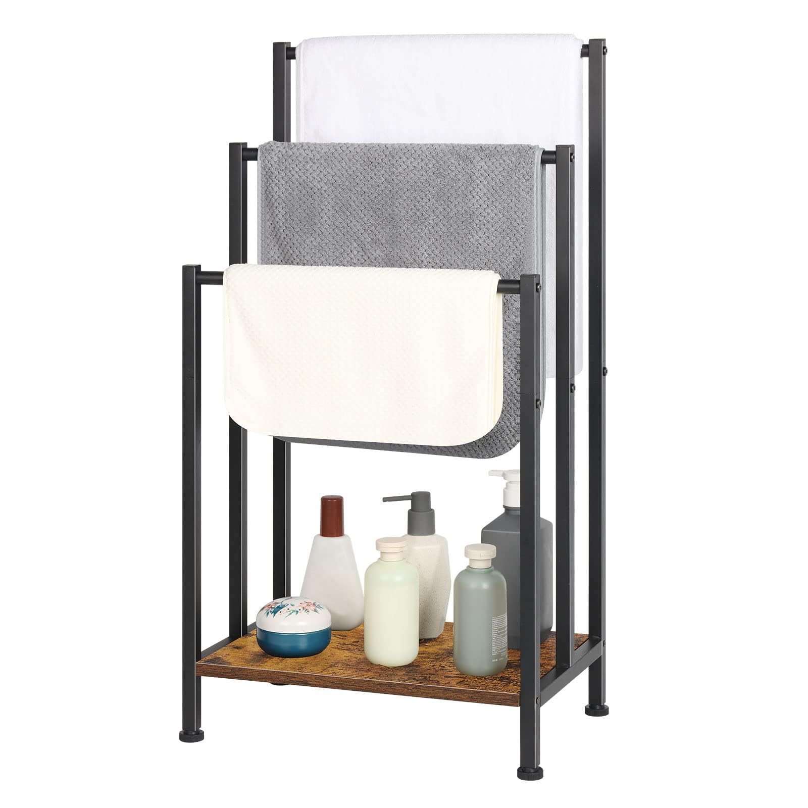 Vellaluna Freestanding Towel Racks for Bathroom, 3 Tier Blanket Rack, Blanket Holder, Drying Stand with 3 Towel Rails and Storage Shelf, Metal, for Bath and Hand Towels, Industrial, Rustic