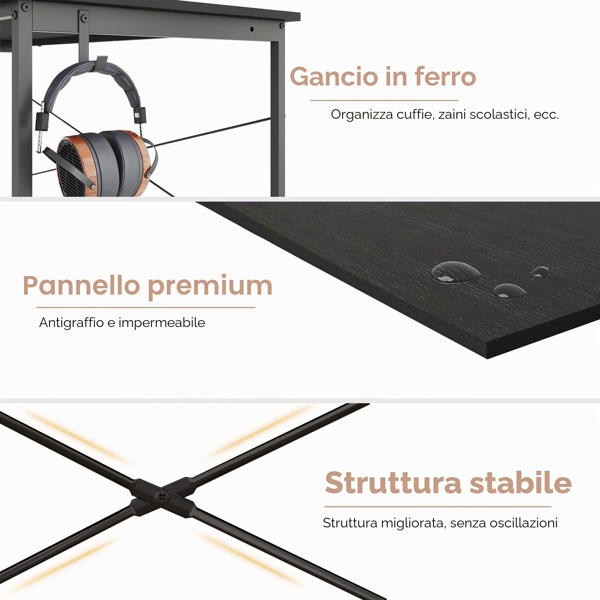 Schreibtisch, Computertisch mit Kopfhörer Halter und Aufbewahrungstasche, Stabil Arbeitstisch, Industrie-Design, PC Tisch, Kleiner Bürotisch Officetisch für Home, Office (Schwarz, 120 x 60 x 75 cm)