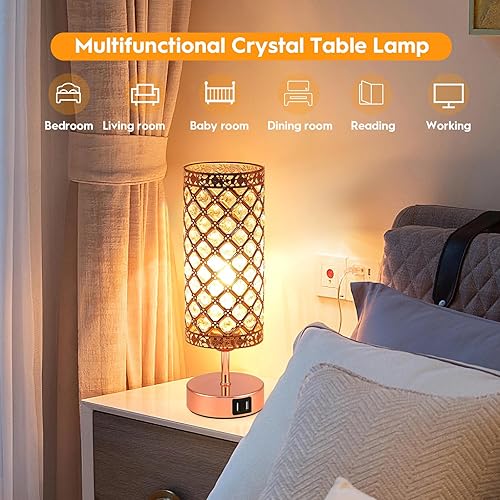 Miniatura 6 de Lámpara de mesa de cristal, lámpara de control táctil de oro rosa con 2 puertos USB, lámpara de noche regulable de 3 vías con pantalla de cristal