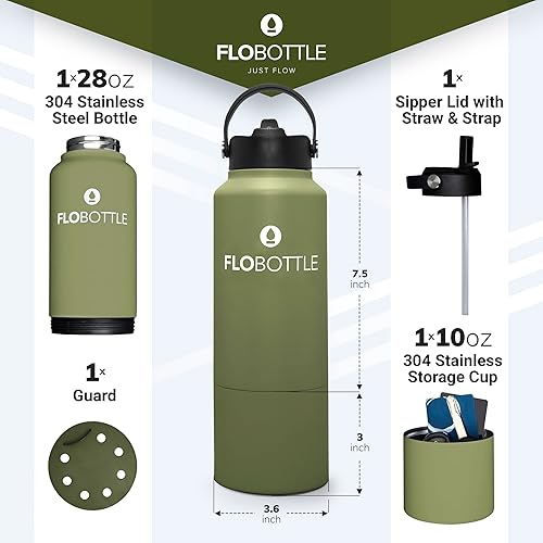 Miniatura 2 de Flobottle, Botella de agua de acero inoxidable con pajilla, botella de agua aislada de 28 onzas con almacenamiento, botella de agua a prueba de