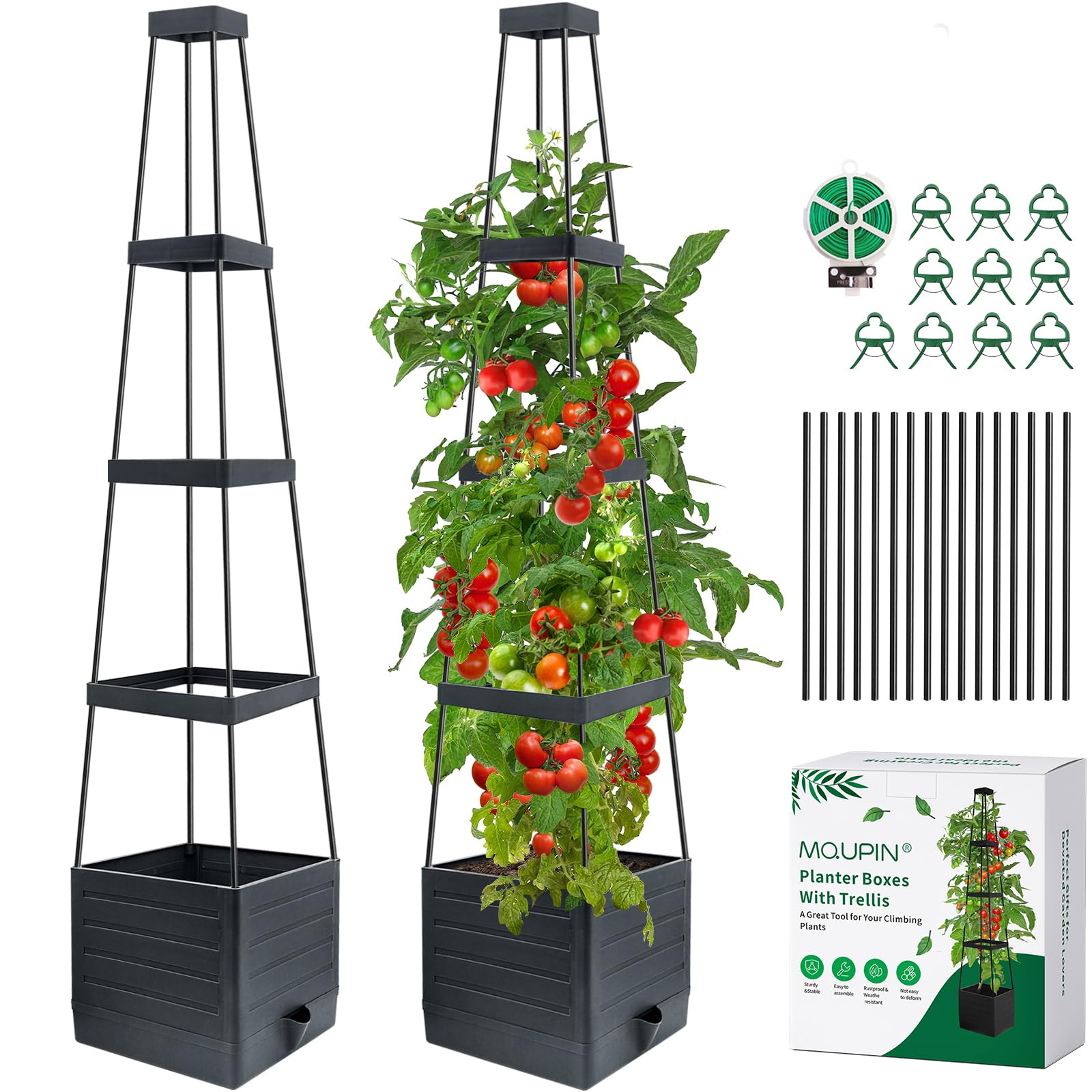 MQUPIN 2 pezzi Fioriera rialzata da giardino con traliccio,145cm fioriera a gabbia per pomodori, aiuolarialzata con traliccio, per rampicanti, verdure piante, auto-irrigante