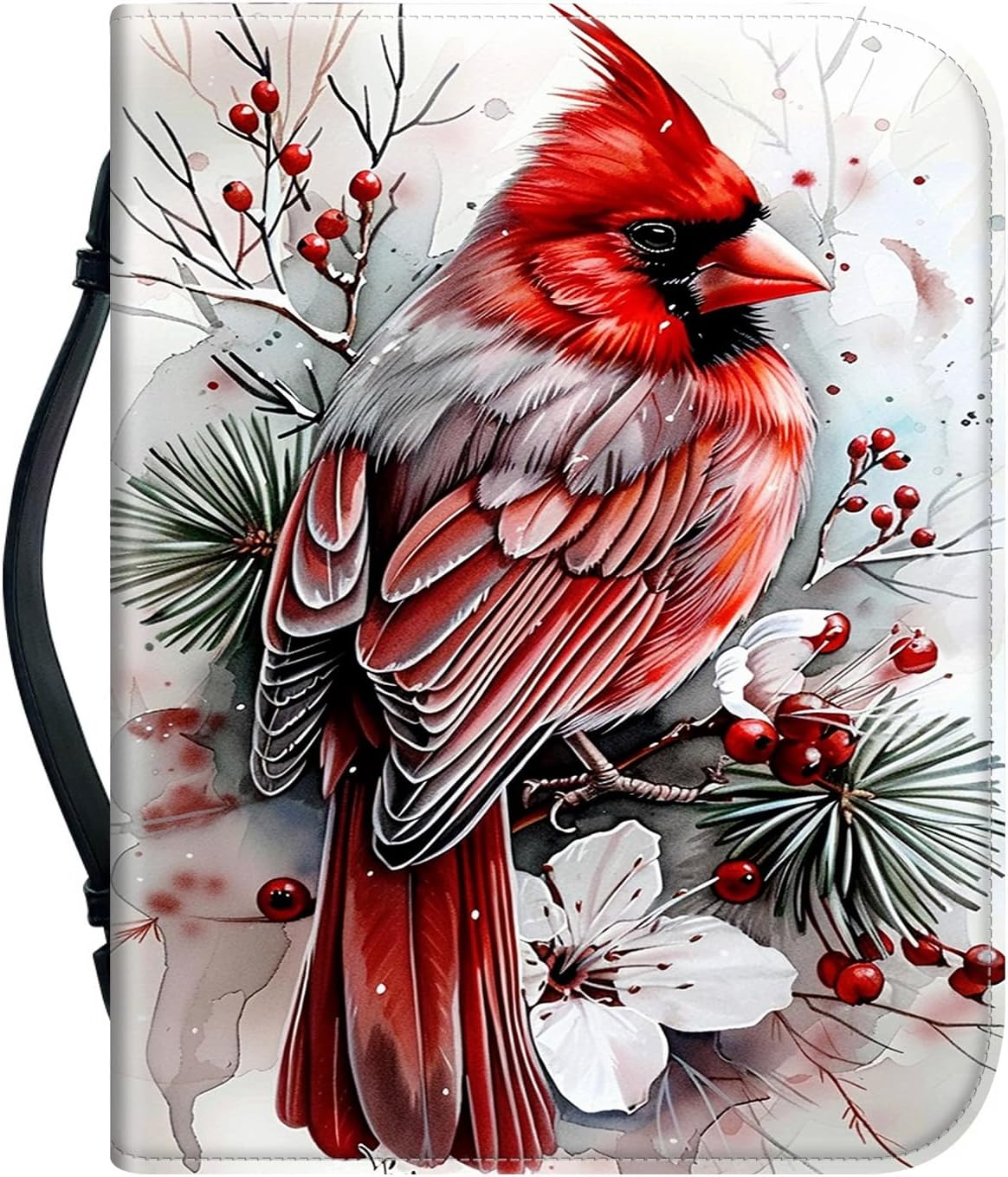 Leather Bible Cover Case for Women 12.2 * 9.06 * 2.76, Bible Bag Carrying Case with Handle Pen Slots Study Bible Supplies,A Red Cardinal Bird