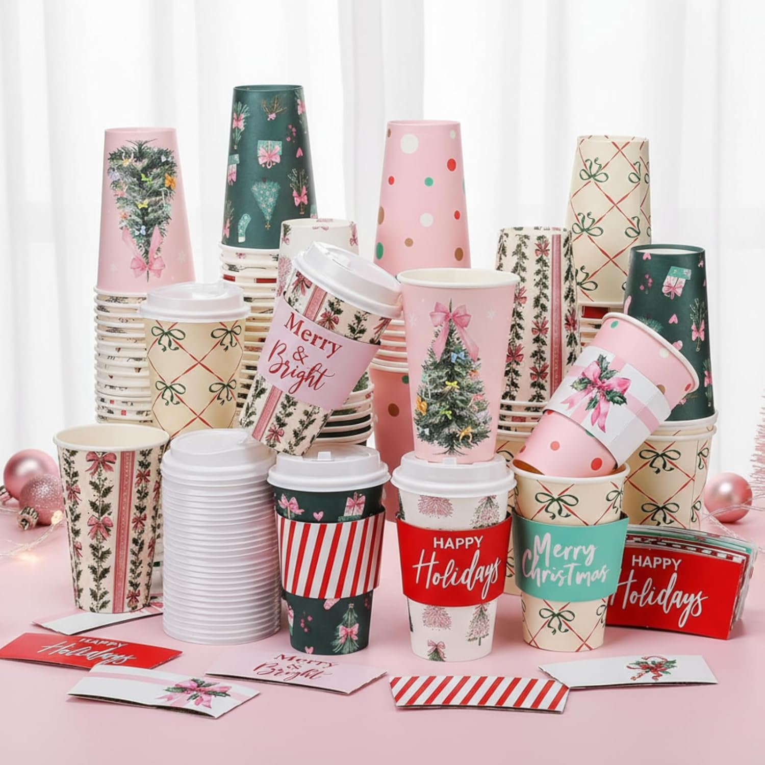36 Sets/ 108 Pcs Pink Bow Christmas Tree Paper Cups 16 oz Disposable Coffee Cups with Lids and Sleeves Xmas Hot Cocoa Coffee Mug for Cold Drinks Hot Chocolate Christmas Party Supplies