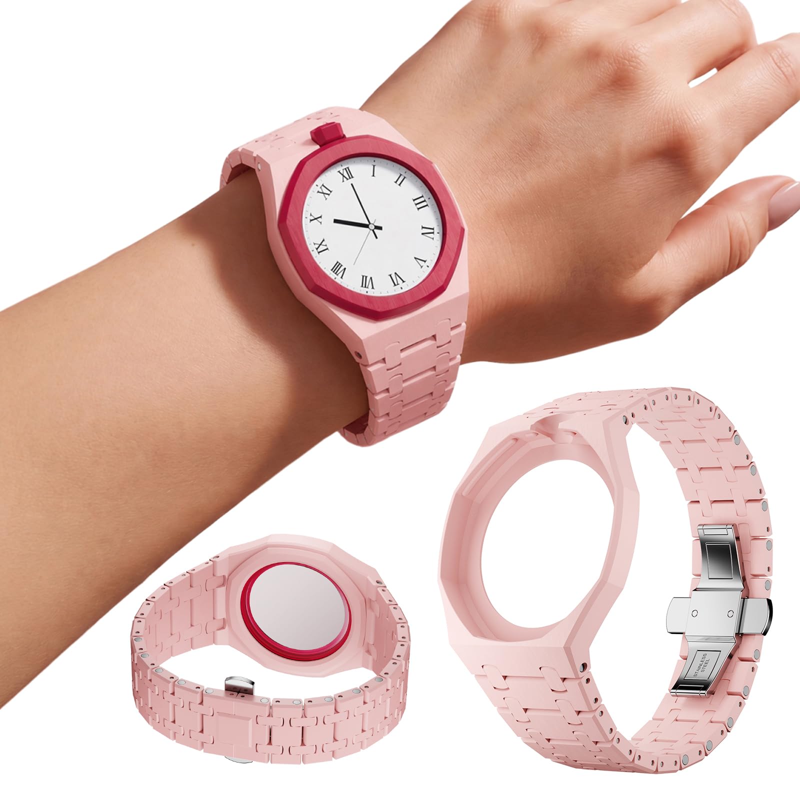 HTU Set di cinturini con cassa in ceramica, passa al di braccialetti in biomateriali per orologi da uomo e da donna, accessori di ricambio per il tuo orologio-Rosa