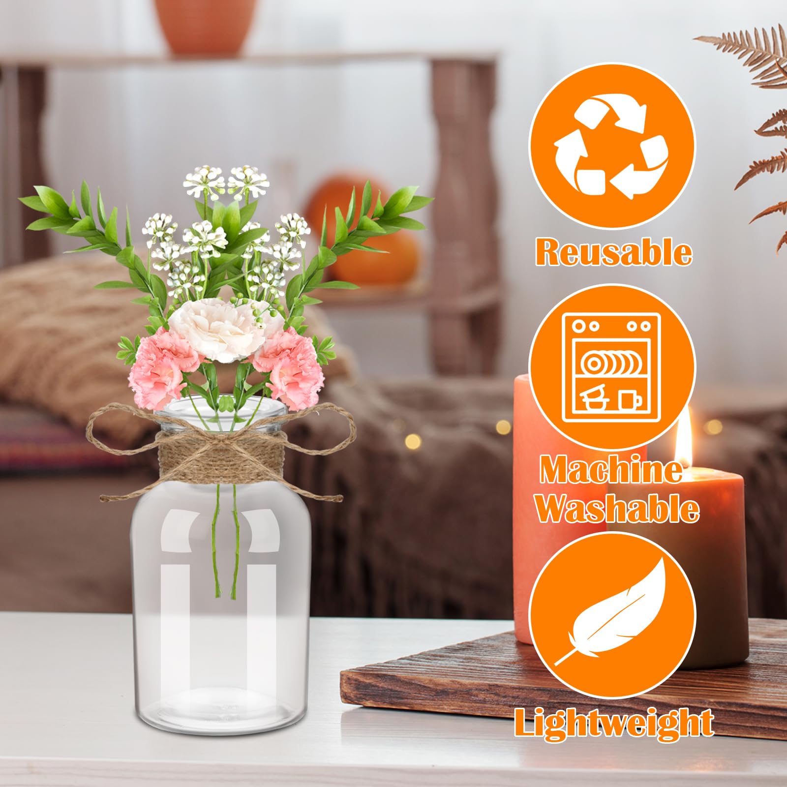 12er Set Glasvase Klein, 125ml Mini Vasen mit 5m Juteschnur, 10.3cm Hoch Blumenvasen, Vasen Deko, Kleine Vasen für Tischdeko Zuhause Hochzeiten Geburtstage Feste, Spülmaschinenfest