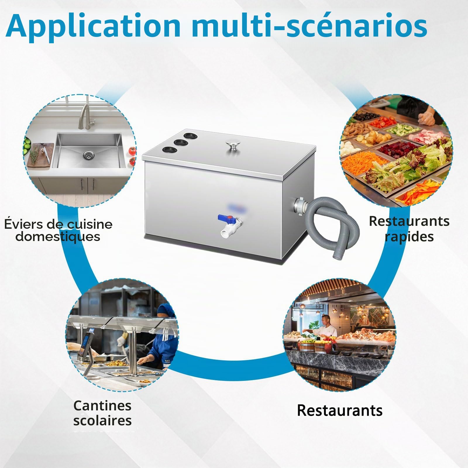 Séparateur de graisse commercial en acier inoxydable de 54 l avec 3 entrées supérieures - Séparateur d'huile et d'eau - 5 niveaux de filtration pour cuisine de restaurant - 60 x 30 x 30 cm