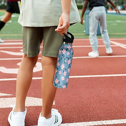 Miniatura 5 de Small Pink Flowers Navy Blue Background Lightweight Gym Water Bottle with Straw Double-Wall Vacuum Insulation for Sport Gym Outdoor Travel School