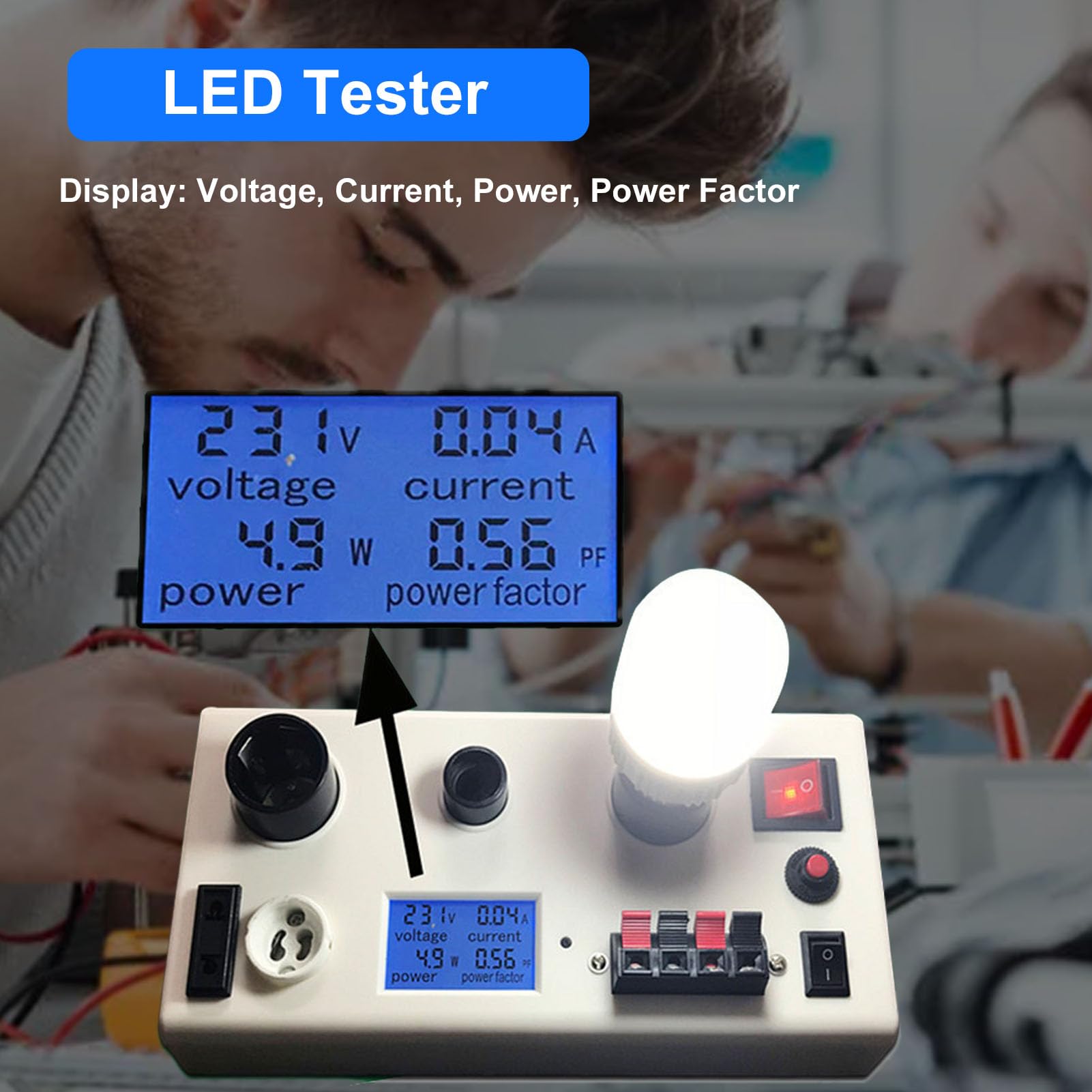 Jeffergarden Tester di Potenza per Lampadine a LED, Misuratore di Potenza Corrente di Tensione Multifunzionale con Prese E27 E14 GU10 e Spina a 2 Poli (Spina UE 85-265 V)