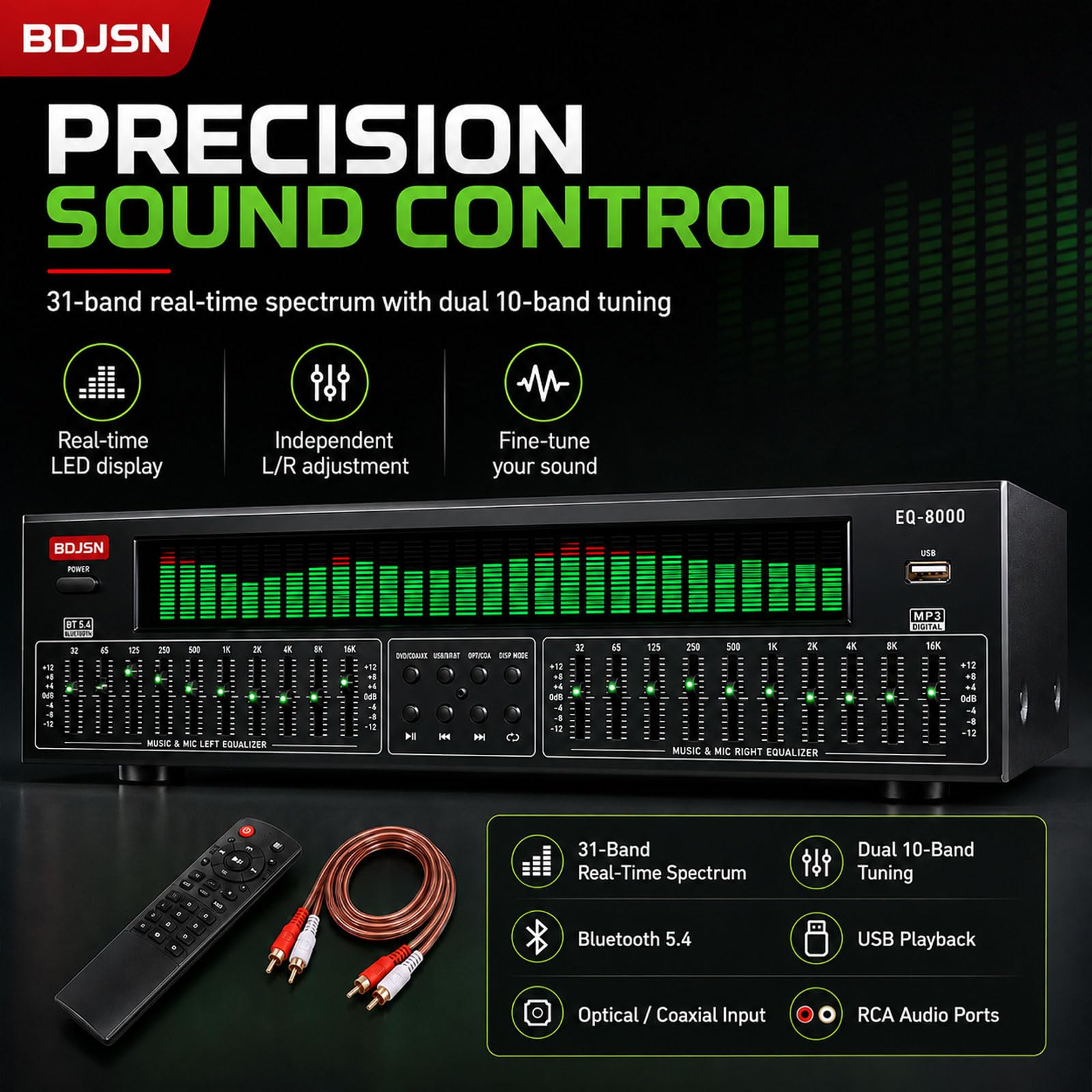 Equalizzatore Grafico Stereo, Equalizzatore Spettro Audio con Display LED, Regolazione Indipendente Doppia 10 Bande, Riproduzione USB, Ingresso Uscita Ottico Coassiale RCA per Home Theater, KTV