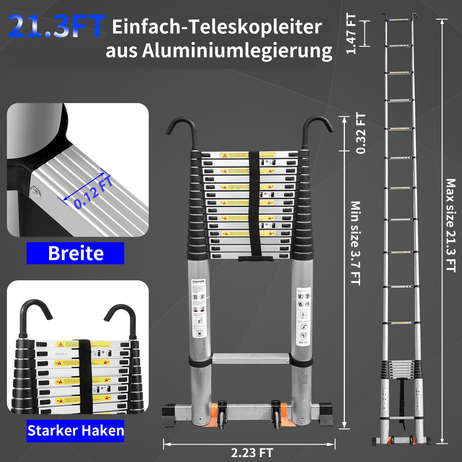 JADDUO 6,5 m Teleskopleiter Aluminium Leichtbau-Ausziehleiter mit 2 Dreieckstabilisatoren Zusammenklappbare Dachboden- und Wohnmobil-Reiseleiter für Zuhause und Outdoor
