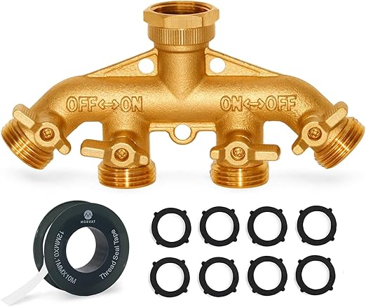 Morvat Brass 4-Way Splitter LEAD-FREE, Heavy-Duty Garden Hose Manifold Connector with Improved Comfort Grip ON/OFF Valves, Adapter for Water Faucet & Spigot, Includes 8 Washers, Teflon Tape (1-Pack)