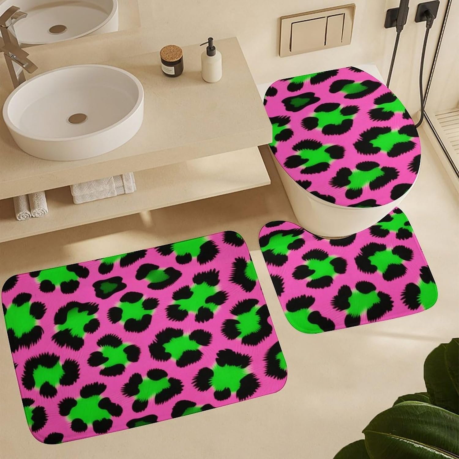 Digital Neon Leopard Print Bath Rug Set 4 Piece,Bathroom Accessories Set-Toilet Rugs U Shaped,Toilet Lid Cover,Shower Curtain and Rugs,Ultra Soft, Absorbent,Home Decor